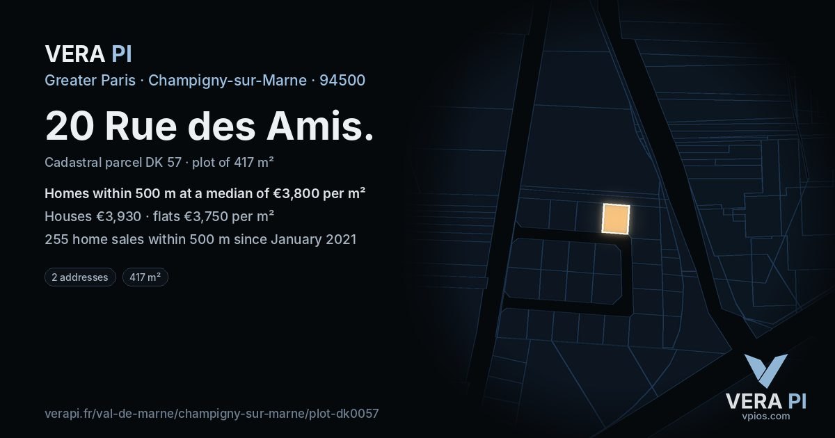 20 Rue des Amis, Champigny-sur-Marne at night – the plot lit, the parcels around coloured by the prices near them