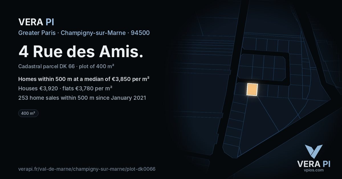 4 Rue des Amis, Champigny-sur-Marne at night – the plot lit, the parcels around coloured by the prices near them