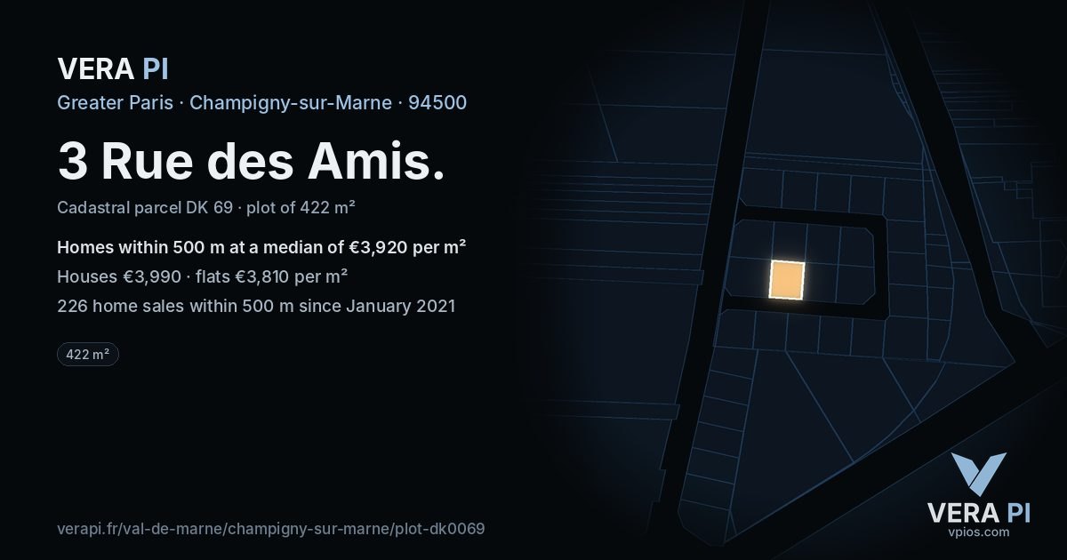 3 Rue des Amis, Champigny-sur-Marne at night – the plot lit, the parcels around coloured by the prices near them