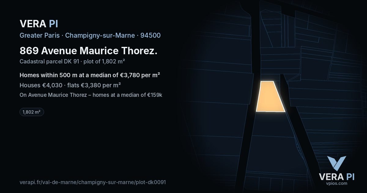 869 Avenue Maurice Thorez, Champigny-sur-Marne at night – the plot lit, the parcels around coloured by the prices near them