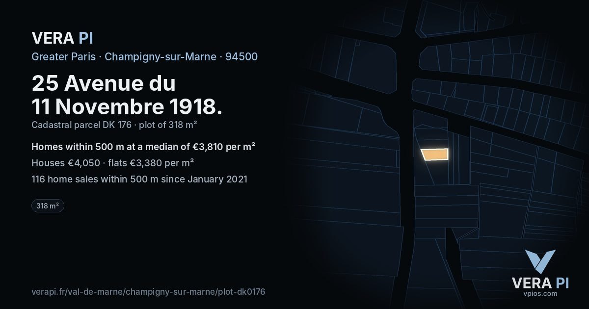25 Avenue du 11 Novembre 1918, Champigny-sur-Marne at night – the plot lit, the parcels around coloured by the prices near them