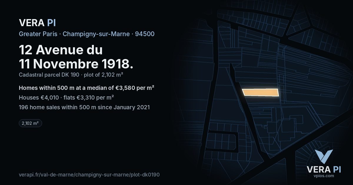 12 Avenue du 11 Novembre 1918, Champigny-sur-Marne at night – the plot lit, the parcels around coloured by the prices near them