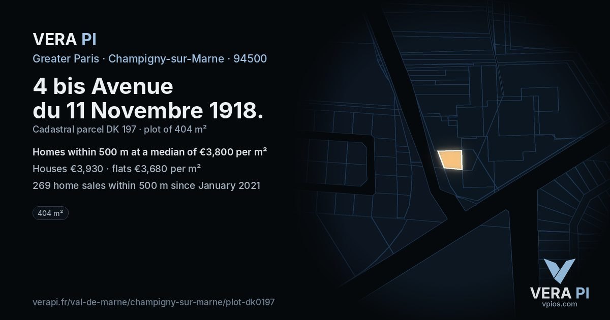 4 bis Avenue du 11 Novembre 1918, Champigny-sur-Marne at night – the plot lit, the parcels around coloured by the prices near them