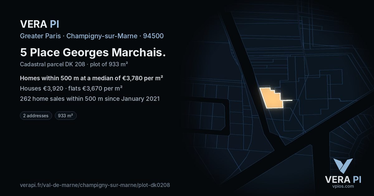 5 Place Georges Marchais, Champigny-sur-Marne at night – the plot lit, the parcels around coloured by the prices near them