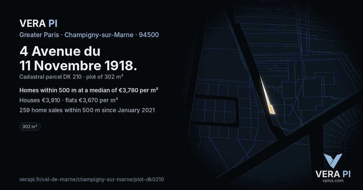 4 Avenue du 11 Novembre 1918, Champigny-sur-Marne at night – the plot lit, the parcels around coloured by the prices near them
