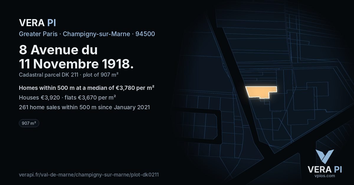 8 Avenue du 11 Novembre 1918, Champigny-sur-Marne at night – the plot lit, the parcels around coloured by the prices near them