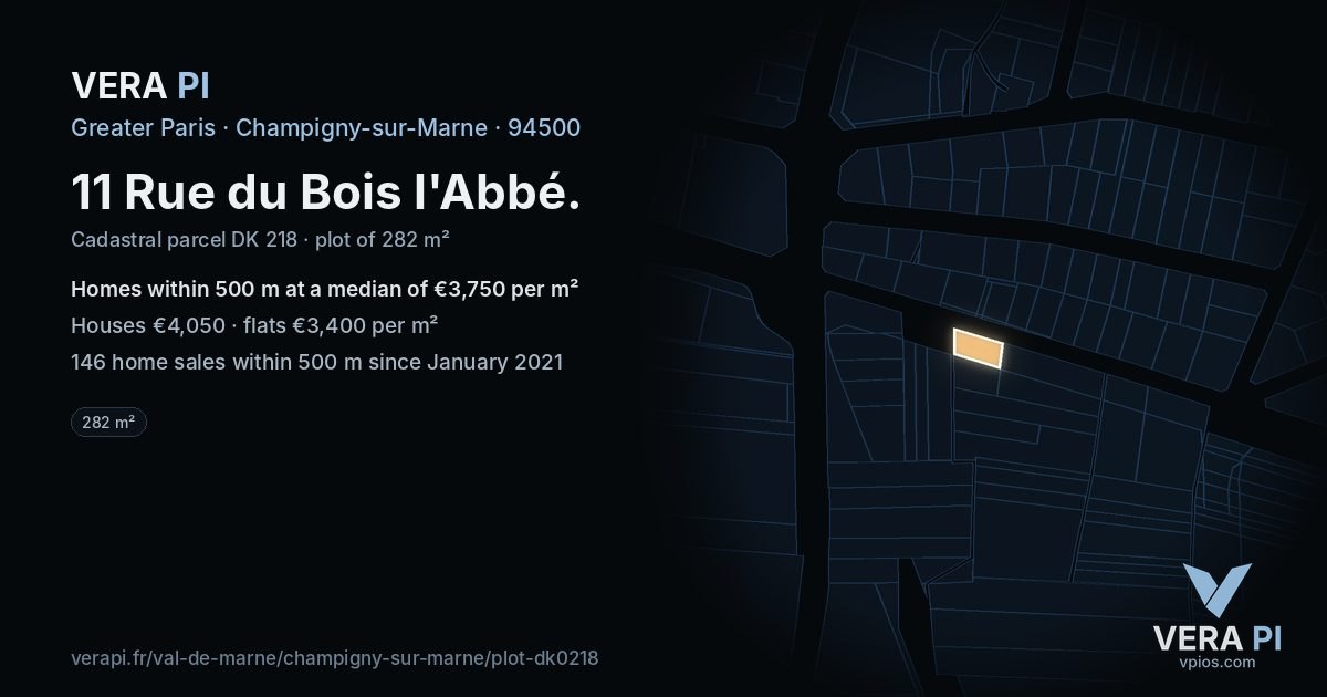 11 Rue du Bois l'Abbé, Champigny-sur-Marne at night – the plot lit, the parcels around coloured by the prices near them