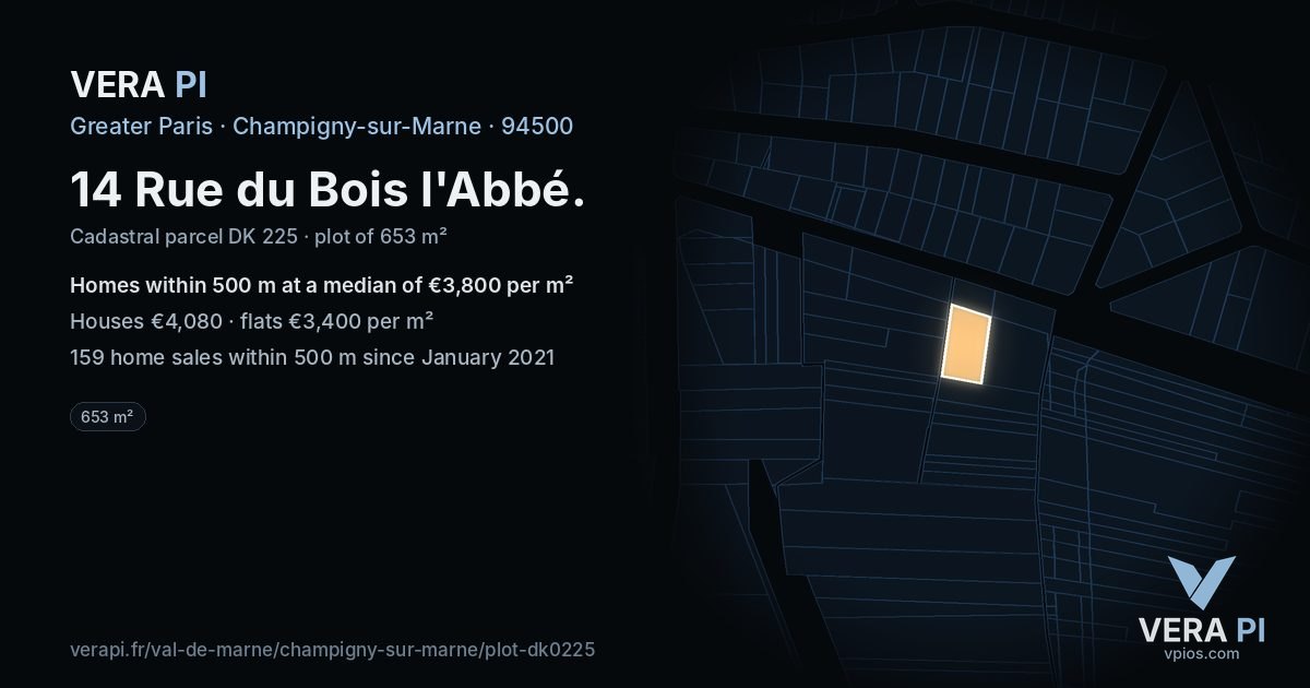 14 Rue du Bois l'Abbé, Champigny-sur-Marne at night – the plot lit, the parcels around coloured by the prices near them