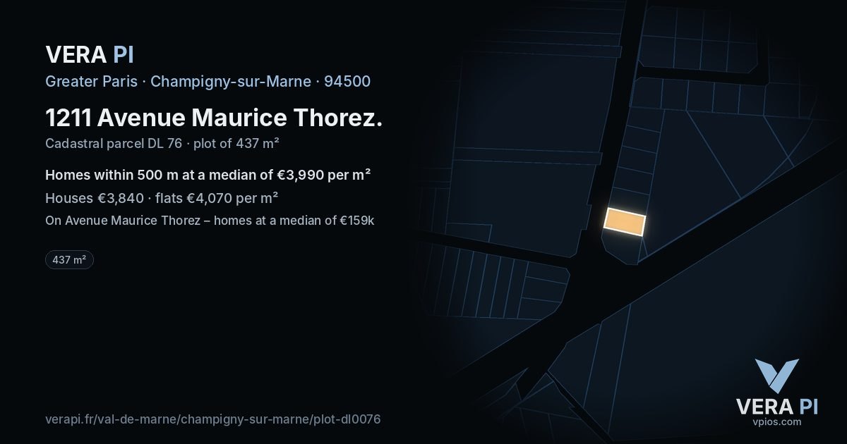 1211 Avenue Maurice Thorez, Champigny-sur-Marne at night – the plot lit, the parcels around coloured by the prices near them