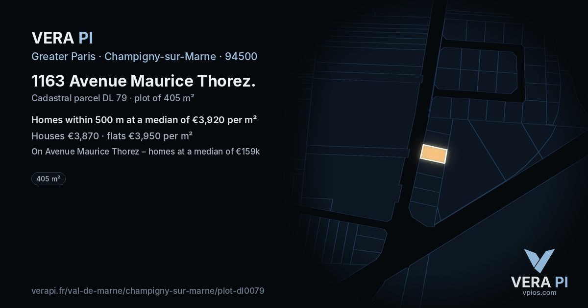1163 Avenue Maurice Thorez, Champigny-sur-Marne at night – the plot lit, the parcels around coloured by the prices near them
