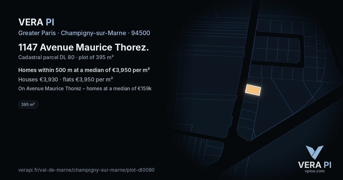 1147 Avenue Maurice Thorez, Champigny-sur-Marne at night – the plot lit, the parcels around coloured by the prices near them