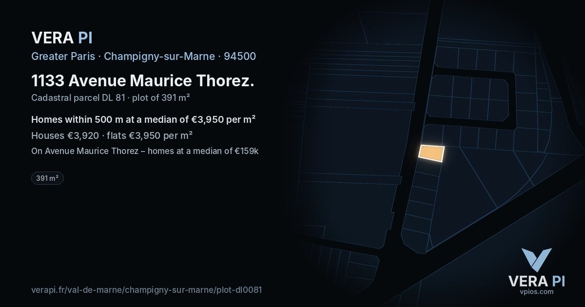 1133 Avenue Maurice Thorez, Champigny-sur-Marne at night – the plot lit, the parcels around coloured by the prices near them