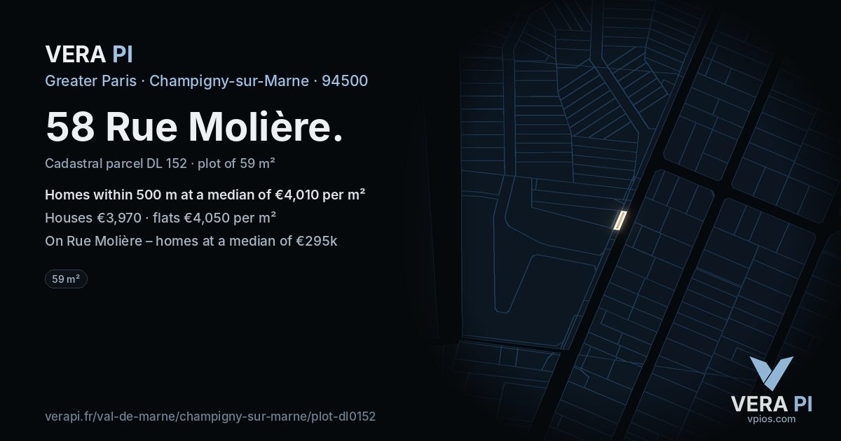 58 Rue Molière, Champigny-sur-Marne at night – the plot lit, the parcels around coloured by the prices near them
