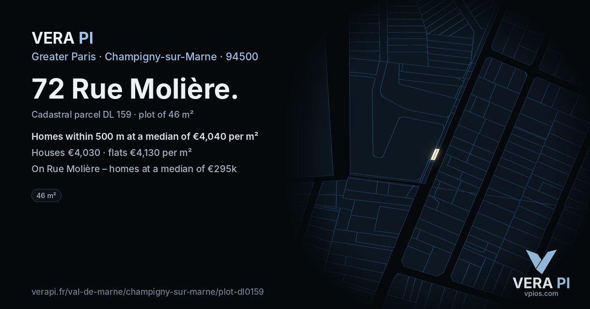 72 Rue Molière, Champigny-sur-Marne at night – the plot lit, the parcels around coloured by the prices near them