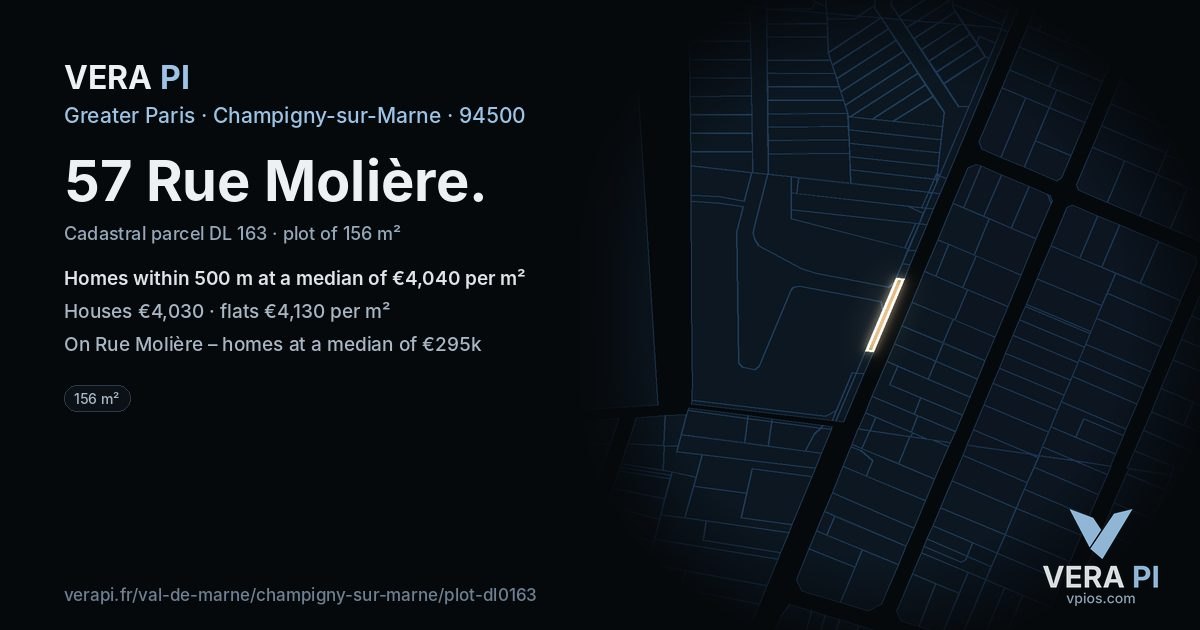 57 Rue Molière, Champigny-sur-Marne at night – the plot lit, the parcels around coloured by the prices near them