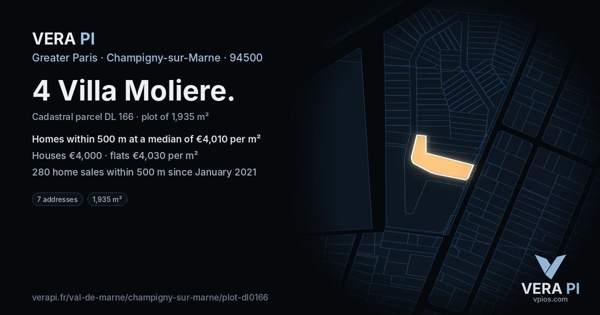4 Villa Moliere, Champigny-sur-Marne at night – the plot lit, the parcels around coloured by the prices near them