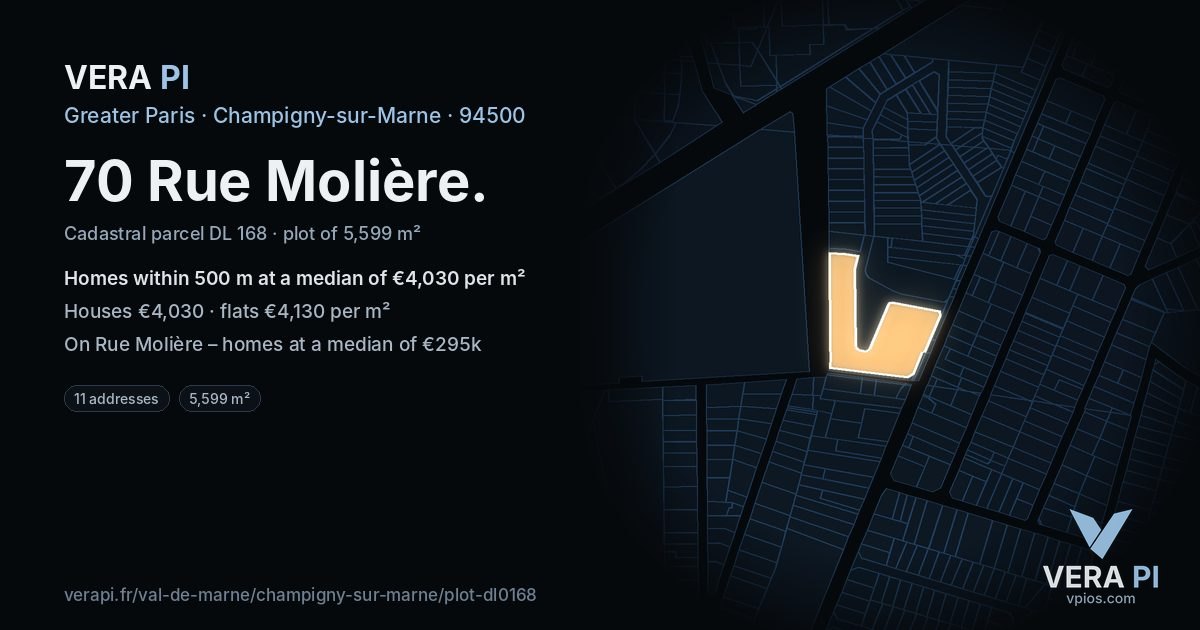 70 Rue Molière, Champigny-sur-Marne at night – the plot lit, the parcels around coloured by the prices near them
