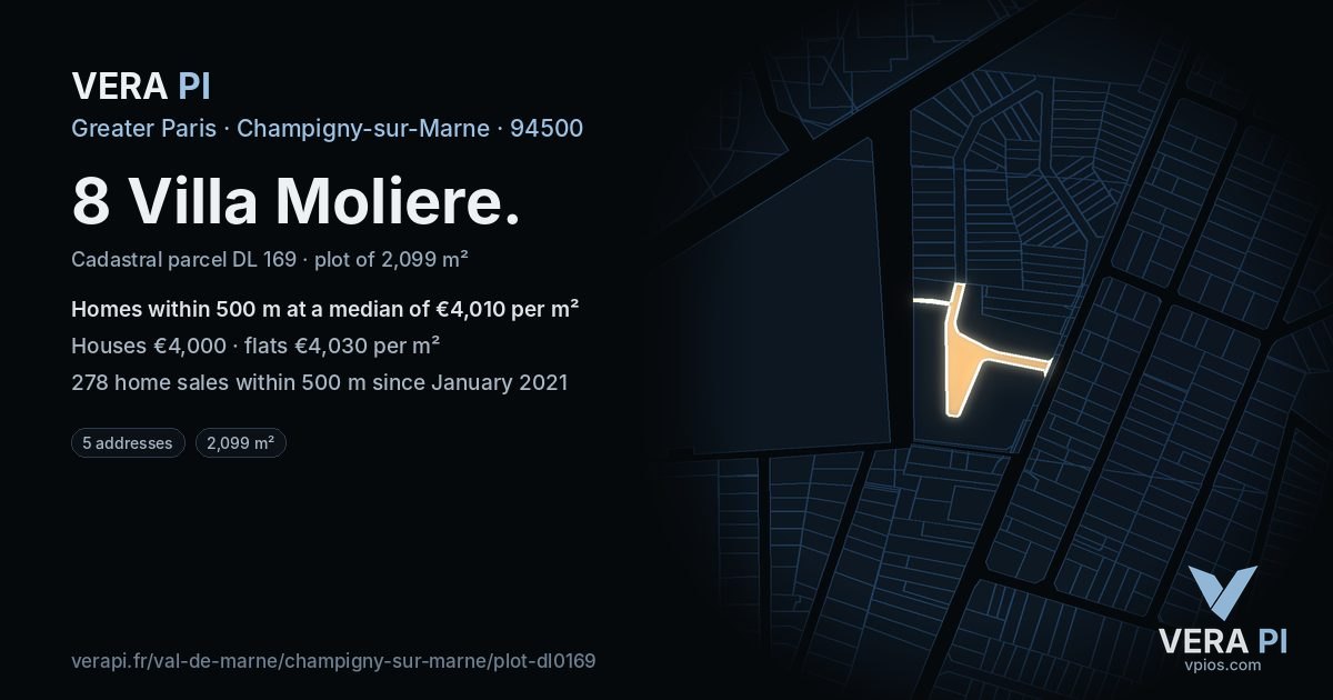 8 Villa Moliere, Champigny-sur-Marne at night – the plot lit, the parcels around coloured by the prices near them