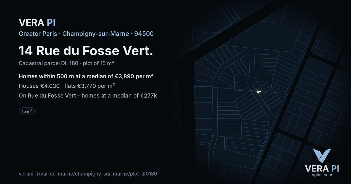 14 Rue du Fosse Vert, Champigny-sur-Marne at night – the plot lit, the parcels around coloured by the prices near them