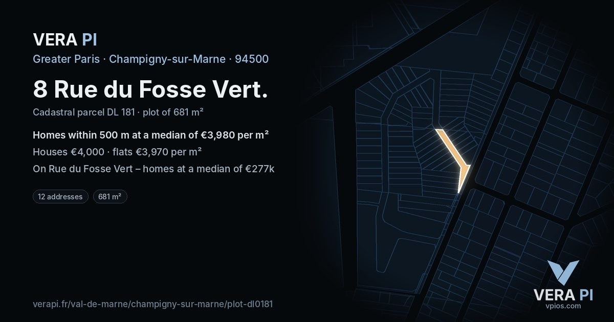 8 Rue du Fosse Vert, Champigny-sur-Marne at night – the plot lit, the parcels around coloured by the prices near them