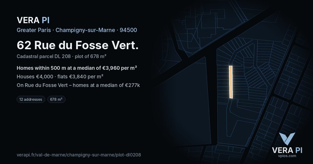 62 Rue du Fosse Vert, Champigny-sur-Marne at night – the plot lit, the parcels around coloured by the prices near them