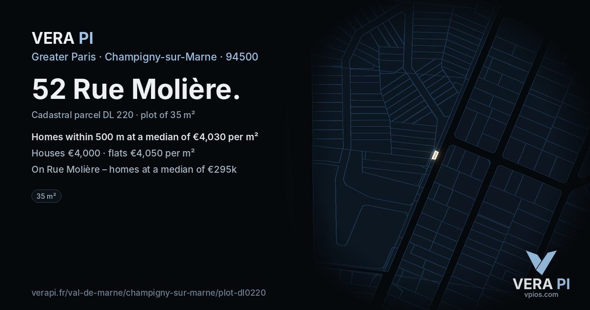 52 Rue Molière, Champigny-sur-Marne at night – the plot lit, the parcels around coloured by the prices near them