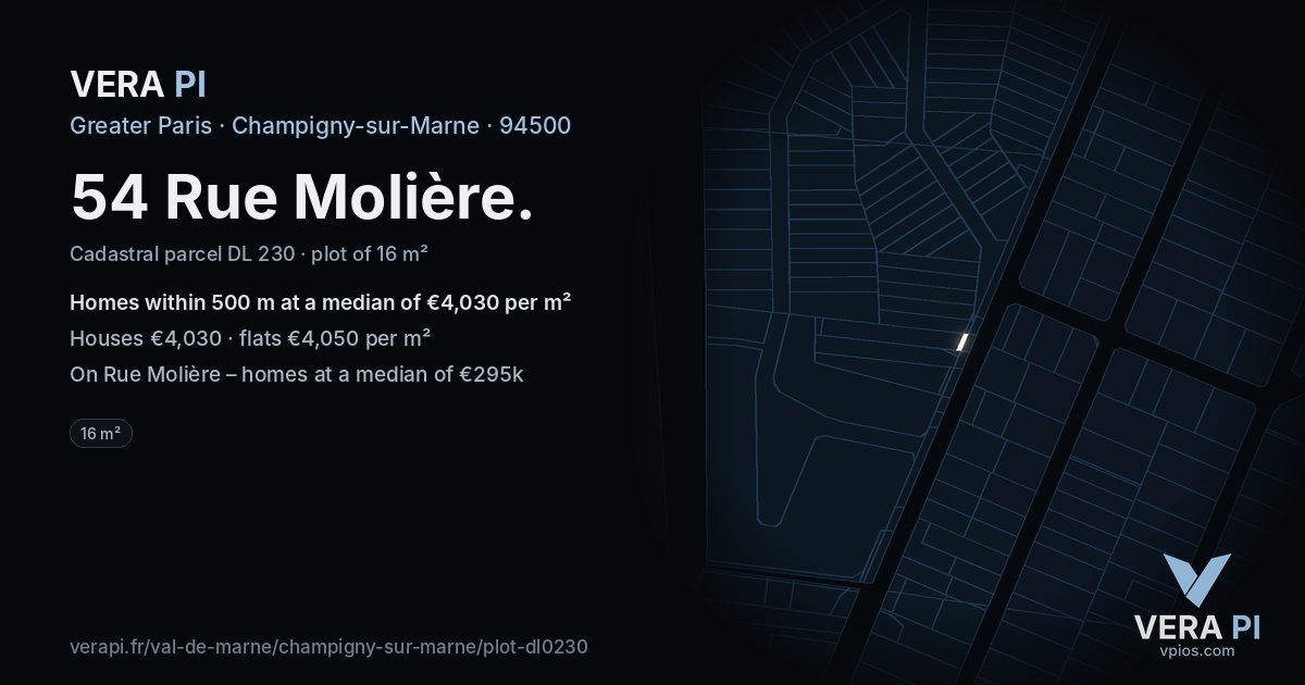 54 Rue Molière, Champigny-sur-Marne at night – the plot lit, the parcels around coloured by the prices near them