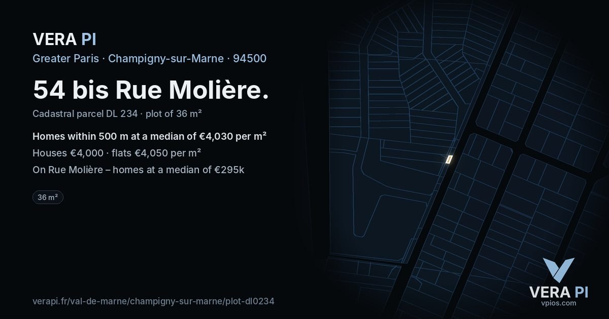 54 bis Rue Molière, Champigny-sur-Marne at night – the plot lit, the parcels around coloured by the prices near them