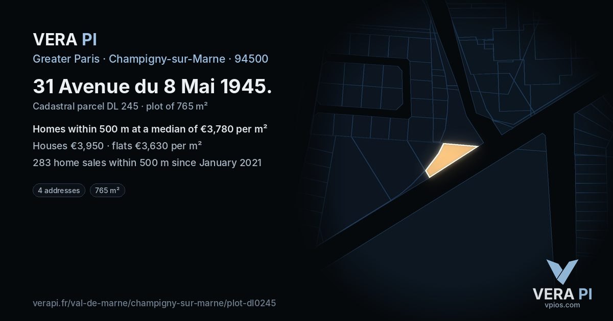 31 Avenue du 8 Mai 1945, Champigny-sur-Marne at night – the plot lit, the parcels around coloured by the prices near them