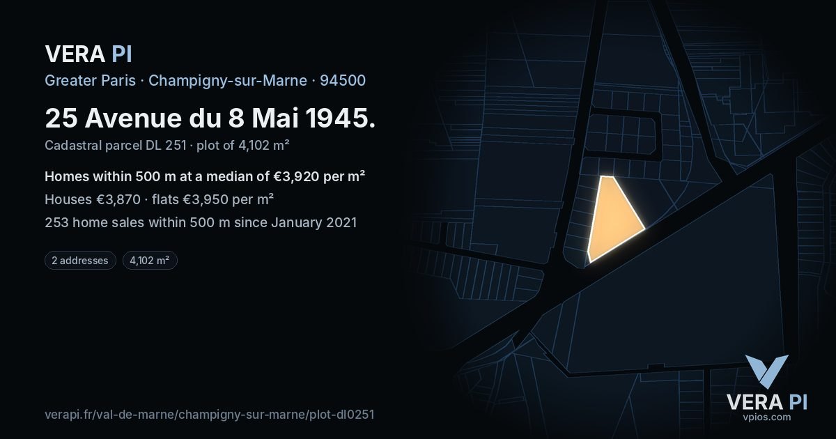 25 Avenue du 8 Mai 1945, Champigny-sur-Marne at night – the plot lit, the parcels around coloured by the prices near them