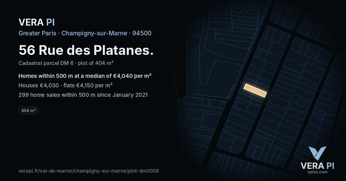 56 Rue des Platanes, Champigny-sur-Marne at night – the plot lit, the parcels around coloured by the prices near them