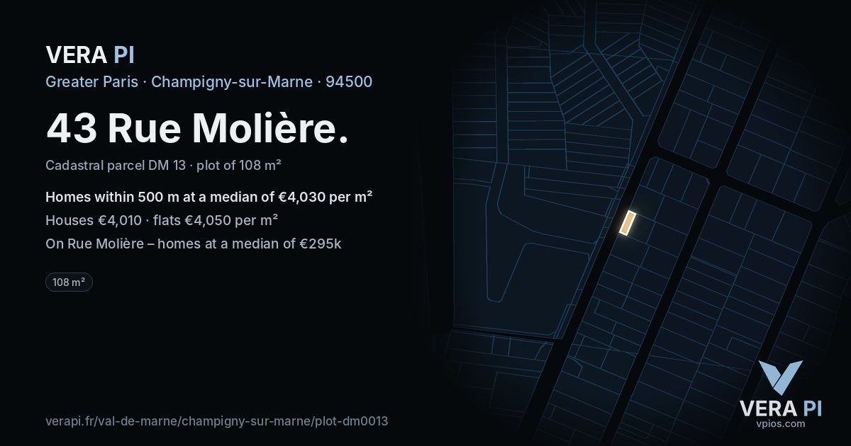 43 Rue Molière, Champigny-sur-Marne at night – the plot lit, the parcels around coloured by the prices near them