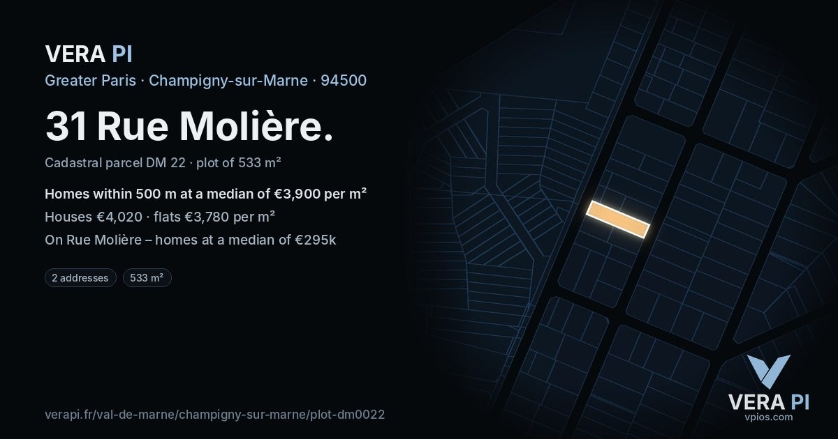 31 Rue Molière, Champigny-sur-Marne at night – the plot lit, the parcels around coloured by the prices near them