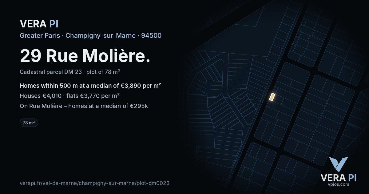 29 Rue Molière, Champigny-sur-Marne at night – the plot lit, the parcels around coloured by the prices near them
