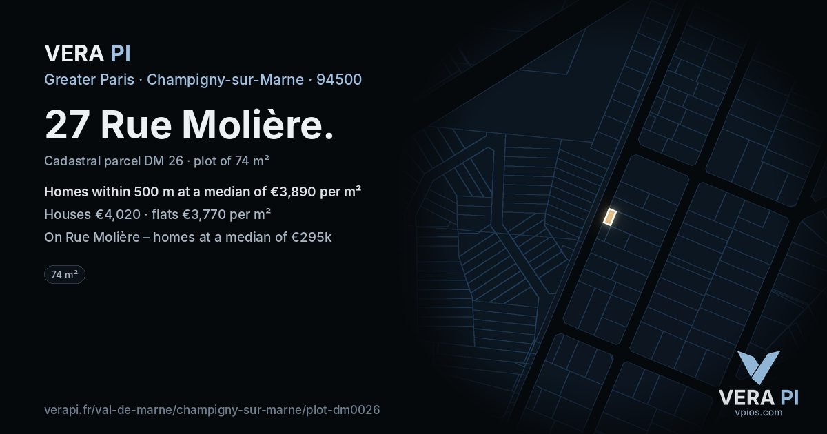 27 Rue Molière, Champigny-sur-Marne at night – the plot lit, the parcels around coloured by the prices near them
