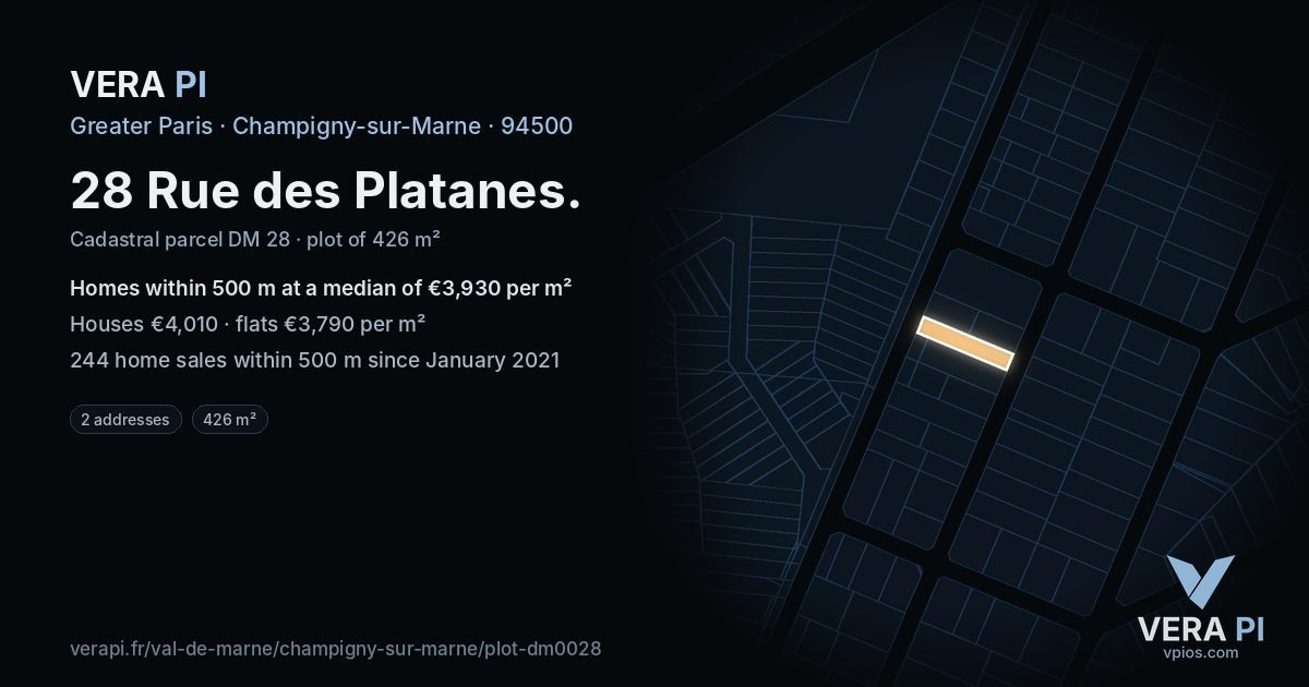28 Rue des Platanes, Champigny-sur-Marne at night – the plot lit, the parcels around coloured by the prices near them