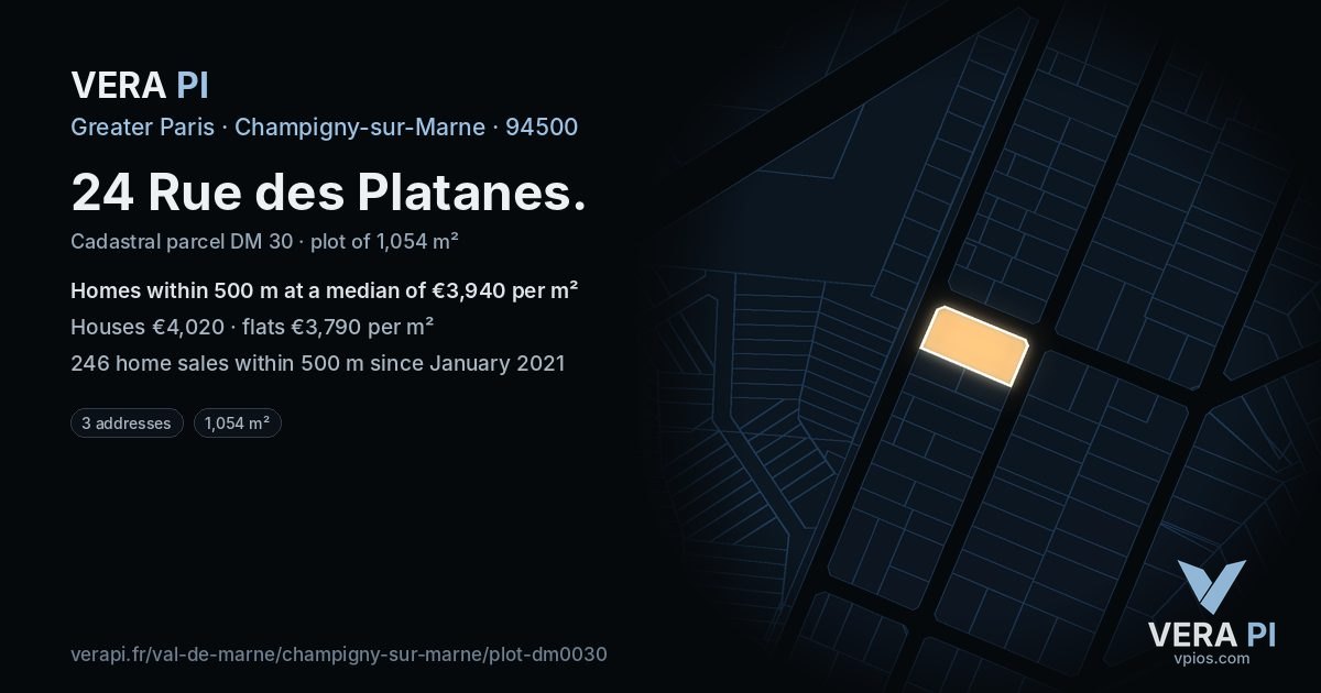 24 Rue des Platanes, Champigny-sur-Marne at night – the plot lit, the parcels around coloured by the prices near them