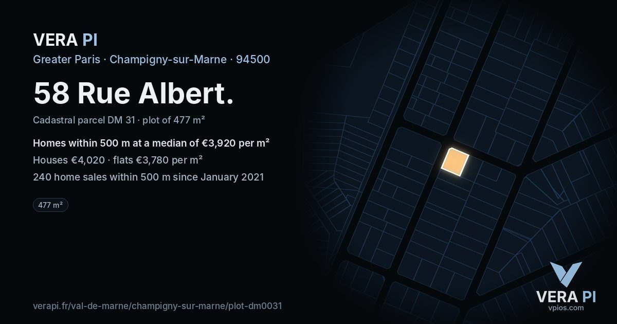 58 Rue Albert, Champigny-sur-Marne at night – the plot lit, the parcels around coloured by the prices near them