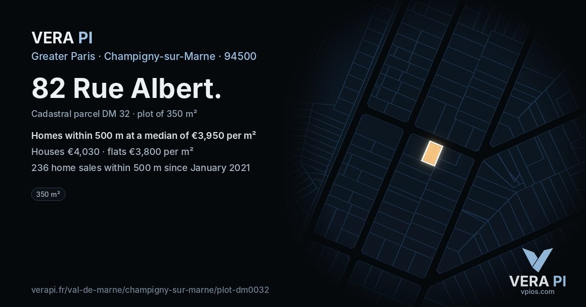 82 Rue Albert, Champigny-sur-Marne at night – the plot lit, the parcels around coloured by the prices near them