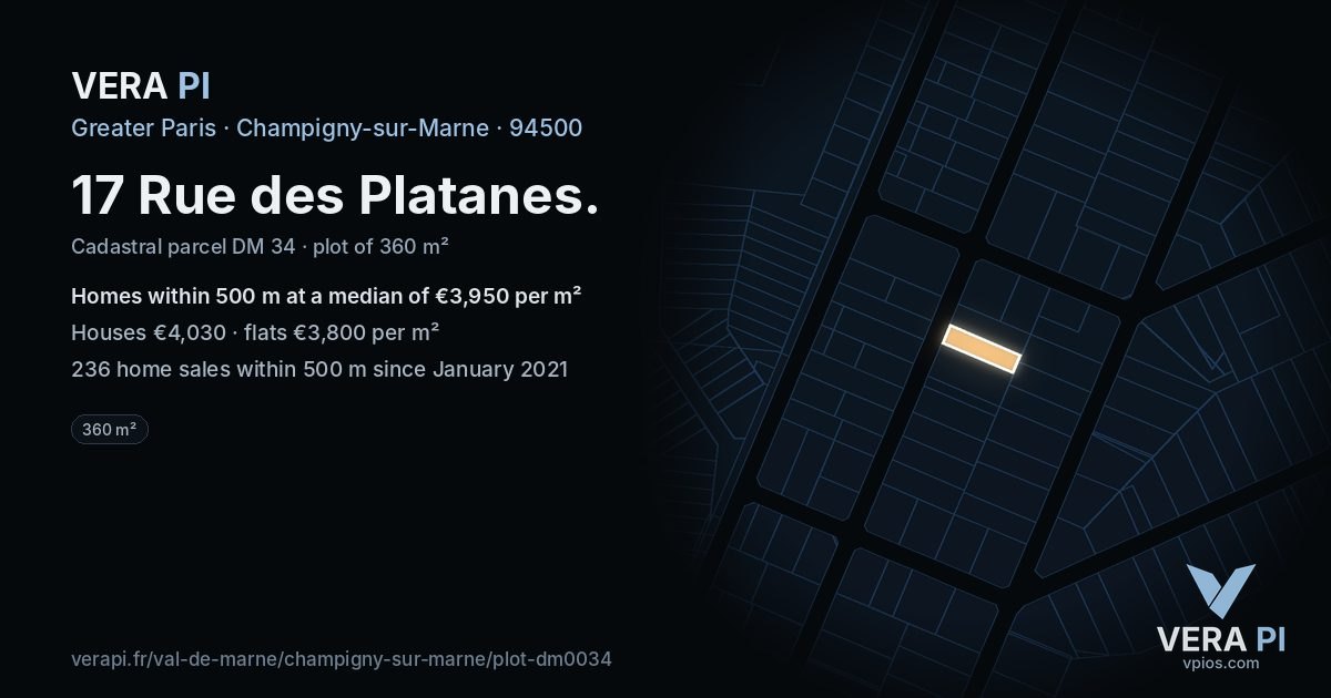 17 Rue des Platanes, Champigny-sur-Marne at night – the plot lit, the parcels around coloured by the prices near them