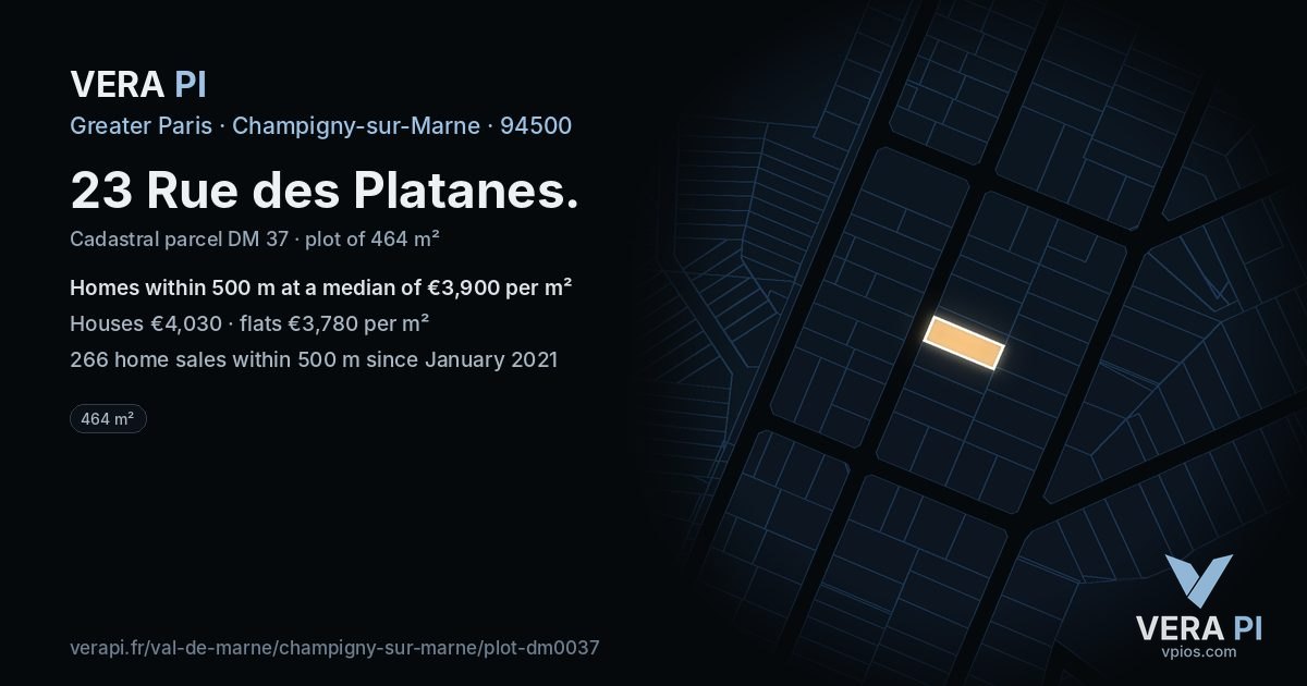 23 Rue des Platanes, Champigny-sur-Marne at night – the plot lit, the parcels around coloured by the prices near them
