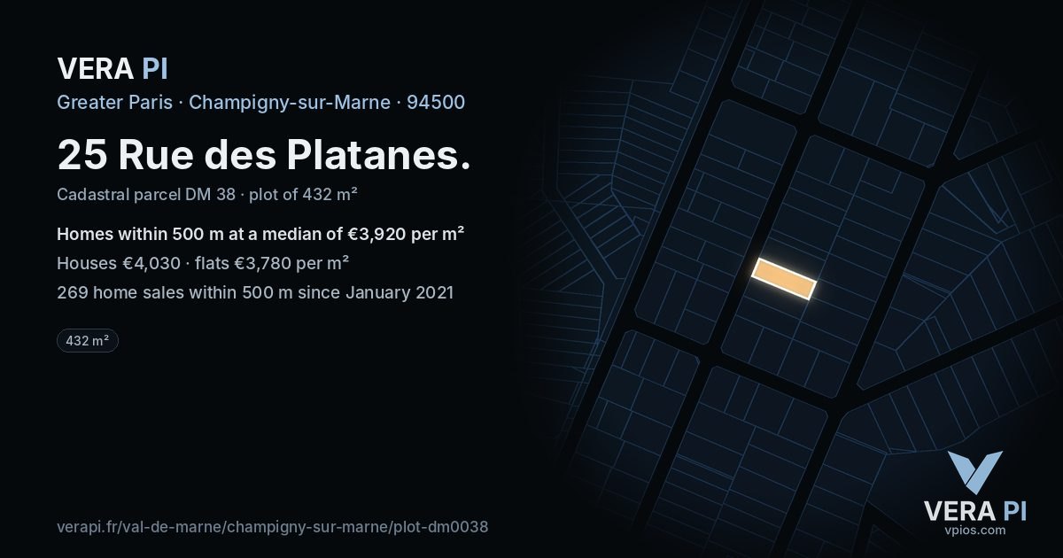 25 Rue des Platanes, Champigny-sur-Marne at night – the plot lit, the parcels around coloured by the prices near them