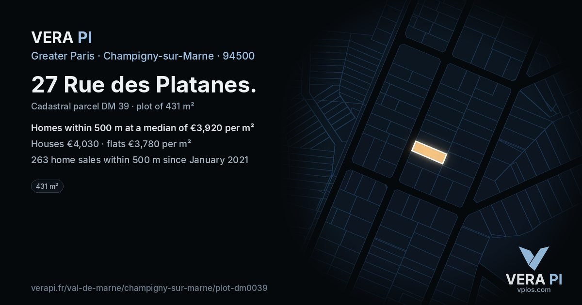 27 Rue des Platanes, Champigny-sur-Marne at night – the plot lit, the parcels around coloured by the prices near them