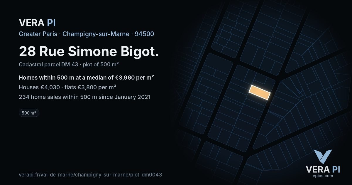 28 Rue Simone Bigot, Champigny-sur-Marne at night – the plot lit, the parcels around coloured by the prices near them