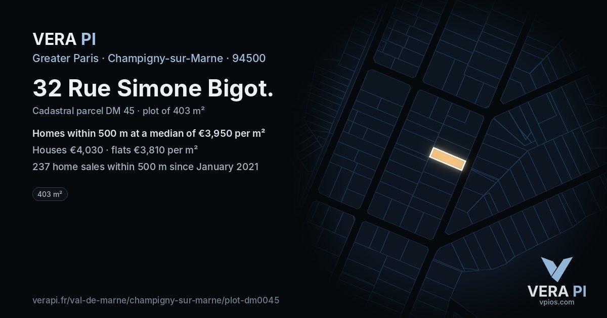 32 Rue Simone Bigot, Champigny-sur-Marne at night – the plot lit, the parcels around coloured by the prices near them