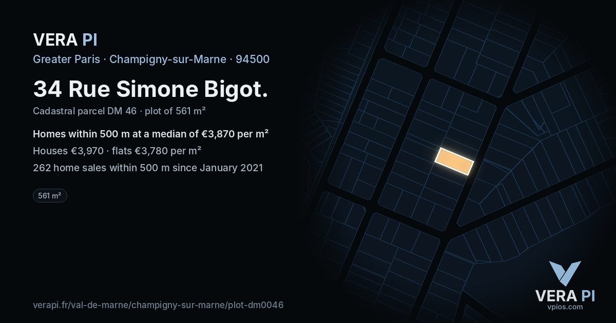 34 Rue Simone Bigot, Champigny-sur-Marne at night – the plot lit, the parcels around coloured by the prices near them
