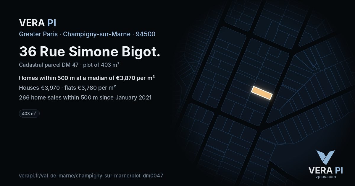 36 Rue Simone Bigot, Champigny-sur-Marne at night – the plot lit, the parcels around coloured by the prices near them
