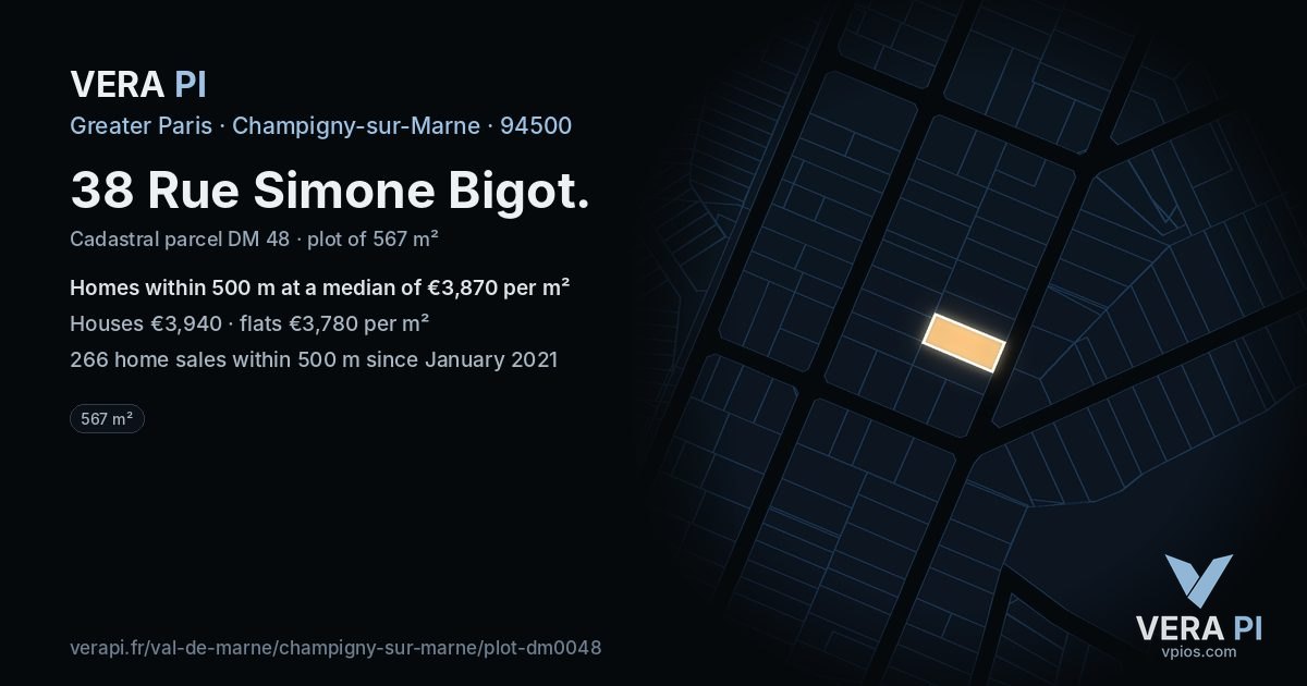 38 Rue Simone Bigot, Champigny-sur-Marne at night – the plot lit, the parcels around coloured by the prices near them