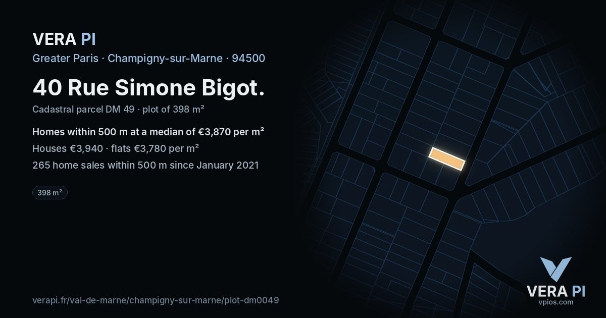 40 Rue Simone Bigot, Champigny-sur-Marne at night – the plot lit, the parcels around coloured by the prices near them