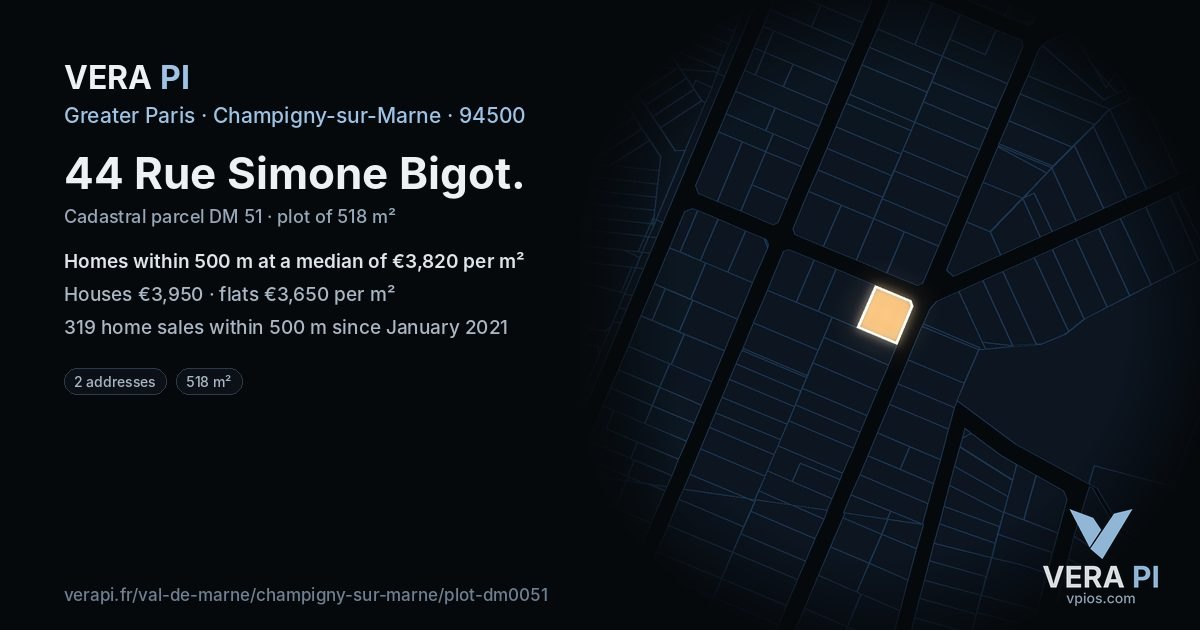44 Rue Simone Bigot, Champigny-sur-Marne at night – the plot lit, the parcels around coloured by the prices near them